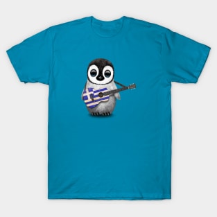 Baby Penguin Playing Greek Flag Guitar T-Shirt